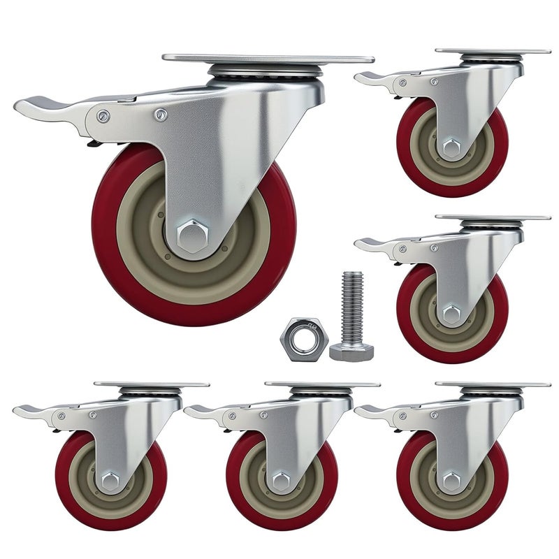 Htudcoue 6 Pcs 4 Inch Heavy Duty Casters, (6 casters Load Capacity 3300 lbs) Lockable Swivel Bearing Caster with Brakes for Workbenches, Shelves, Carts, Etc. - Image 1